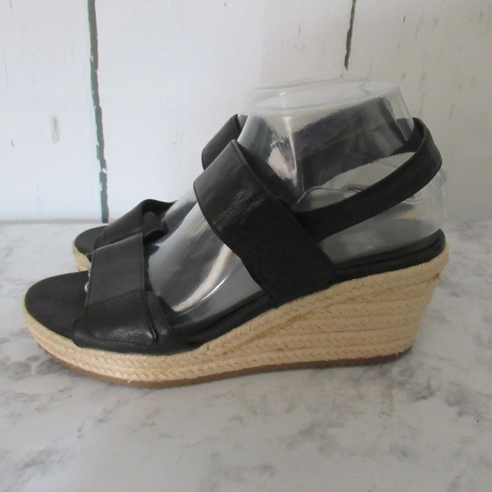 Eileen Fisher Sandals 8.5 Black Leather‎ Wedge Espadrille Adjustable Ankle Strap